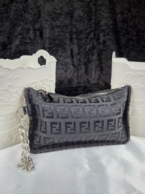Vintage Fendi Zucca Black Monogram Zip Pouch Wristlet